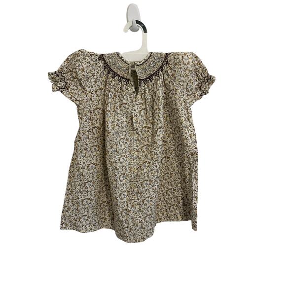 The Plantation Shop Girls 1T Brown Blue Yellow Floral Short Sleeve Smocked Dress - Picture 8 of 9